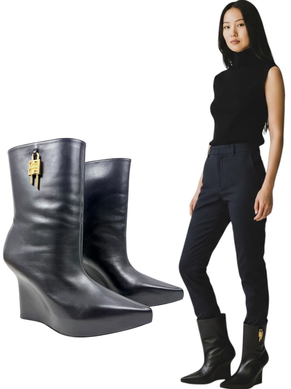 Givenchy G Lock Hidden Wedge Leather Ankle Boots Black Size 39.5